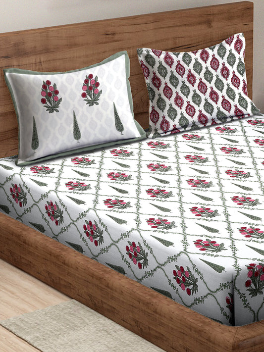 White and Green Ethnic Motifs Print 180 TC King Bed Sheet with 2 Pillow Covers