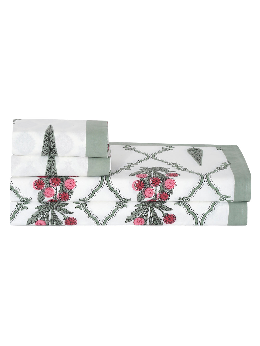 White and Green Ethnic Motifs Print 180 TC King Bed Sheet with 2 Pillow Covers