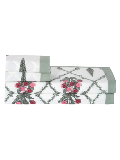 White and Green Ethnic Motifs Print 180 TC King Bed Sheet with 2 Pillow Covers