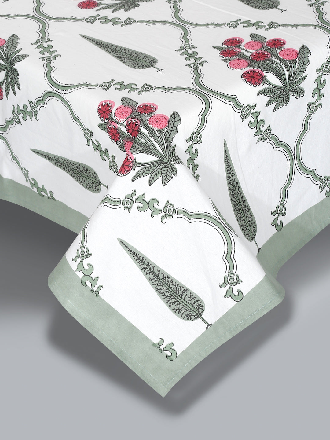 White and Green Ethnic Motifs Print 180 TC King Bed Sheet with 2 Pillow Covers