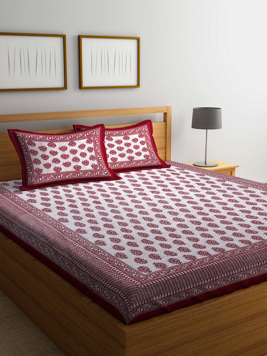 Cotton Screen Block Print Jaipuri Red and White Double Bedsheet with 2 Pillow Covers