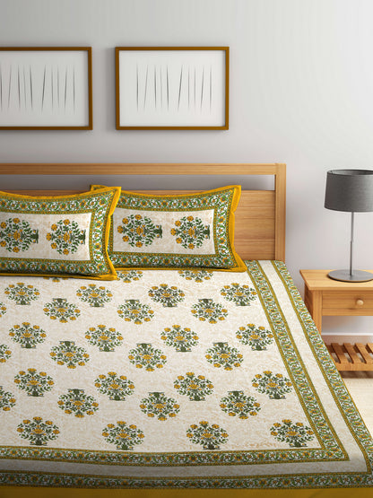 Hand Screen Floral White and Yellow Double Size Bedsheet with 2 Pillow Coverss