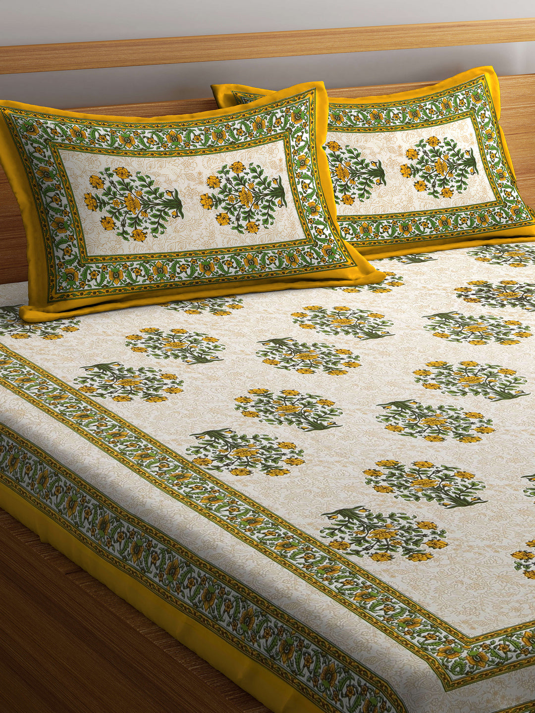 Hand Screen Floral White and Yellow Double Size Bedsheet with 2 Pillow Coverss