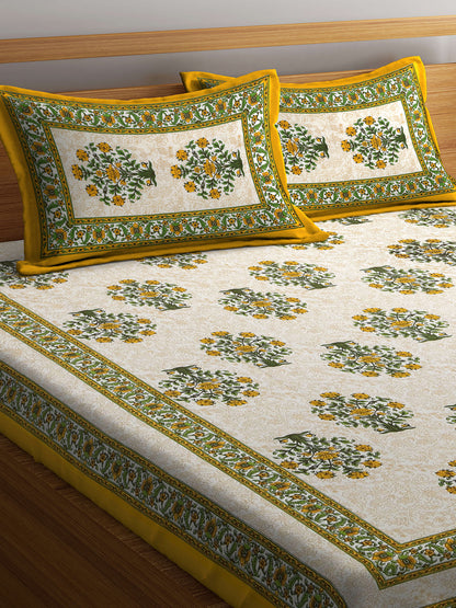 Hand Screen Floral White and Yellow Double Size Bedsheet with 2 Pillow Coverss