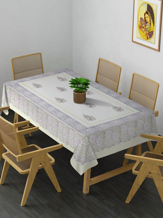 White and Green 6 Seater Printed Cotton Table Cover (60 x 90 Inch)