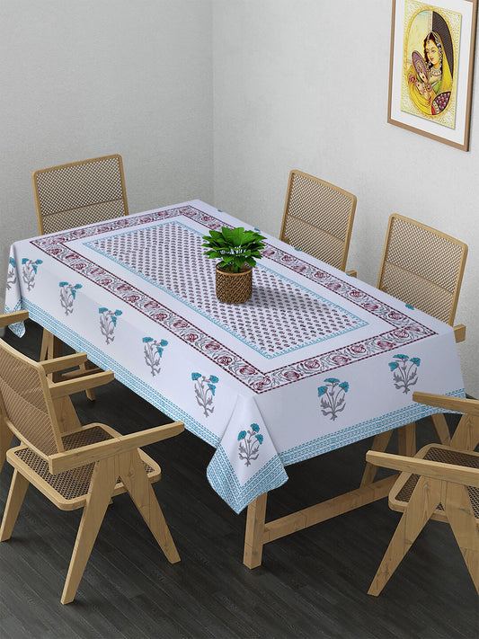 White and Red 6 seater Block Printed Cotton Table Cover-60x90 inch