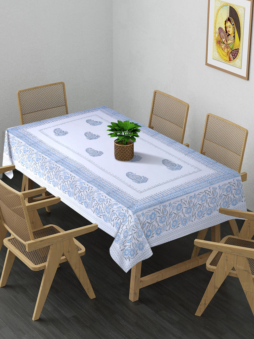 White and Blue 6 seater Block Printed Cotton Table Cover-60x90 inch