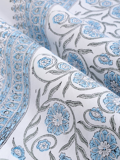 White and Blue 6 seater Block Printed Cotton Table Cover-60x90 inch