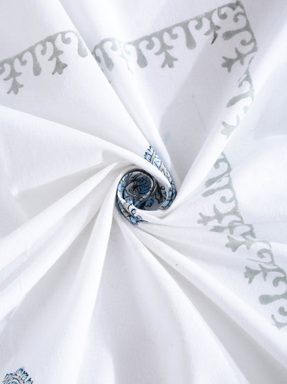 White and Blue 6 seater Block Printed Cotton Table Cover-60x90 inch