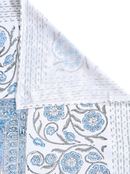 White and Blue 6 seater Block Printed Cotton Table Cover-60x90 inch