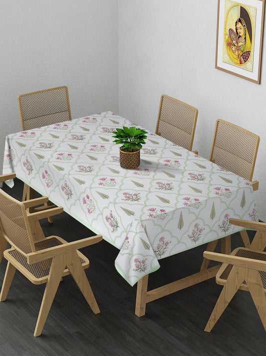 White and Pink 6 seater Block Printed Ethnic Motifs Cotton Table Cover-60x90 inch