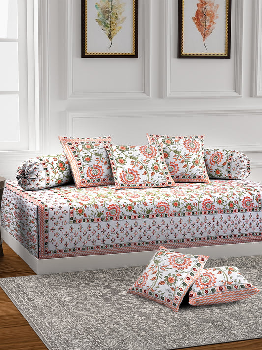 Rajasthan Décor Set of 8 Screen Print White and Orange Color Floral Jaipuri Cotton Diwan set