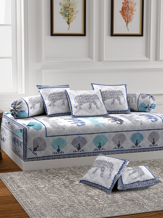 Rajasthan Décor Set of 8 White and Grey Color Animal Print Jaipuri Cotton Diwan set