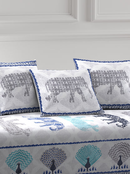 Rajasthan Décor Set of 8 White and Grey Color Animal Print Jaipuri Cotton Diwan set