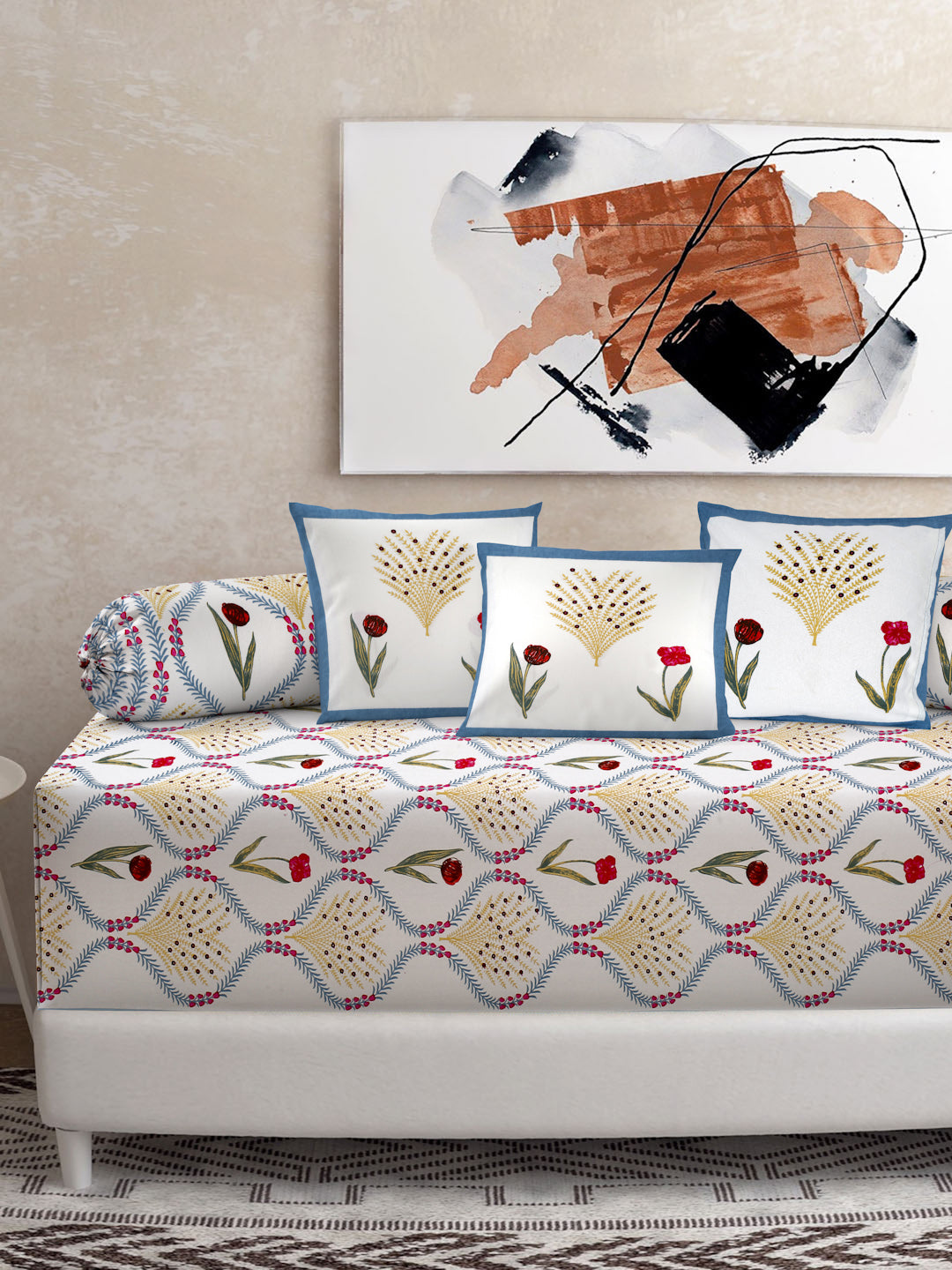 Set of 8 White and Red Floral Print Cotton Diwan Set