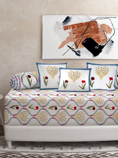 Set of 8 White and Red Floral Print Cotton Diwan Set