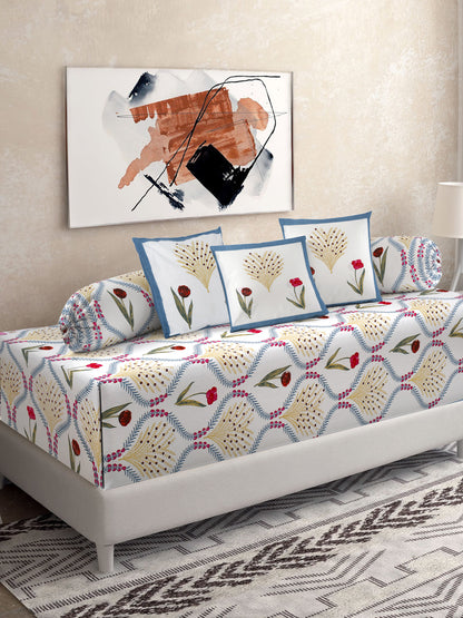 Set of 8 White and Red Floral Print Cotton Diwan Set