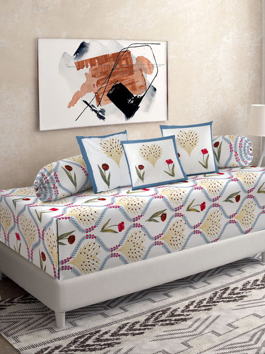 Set of 8 White and Red Floral Print Cotton Diwan Set