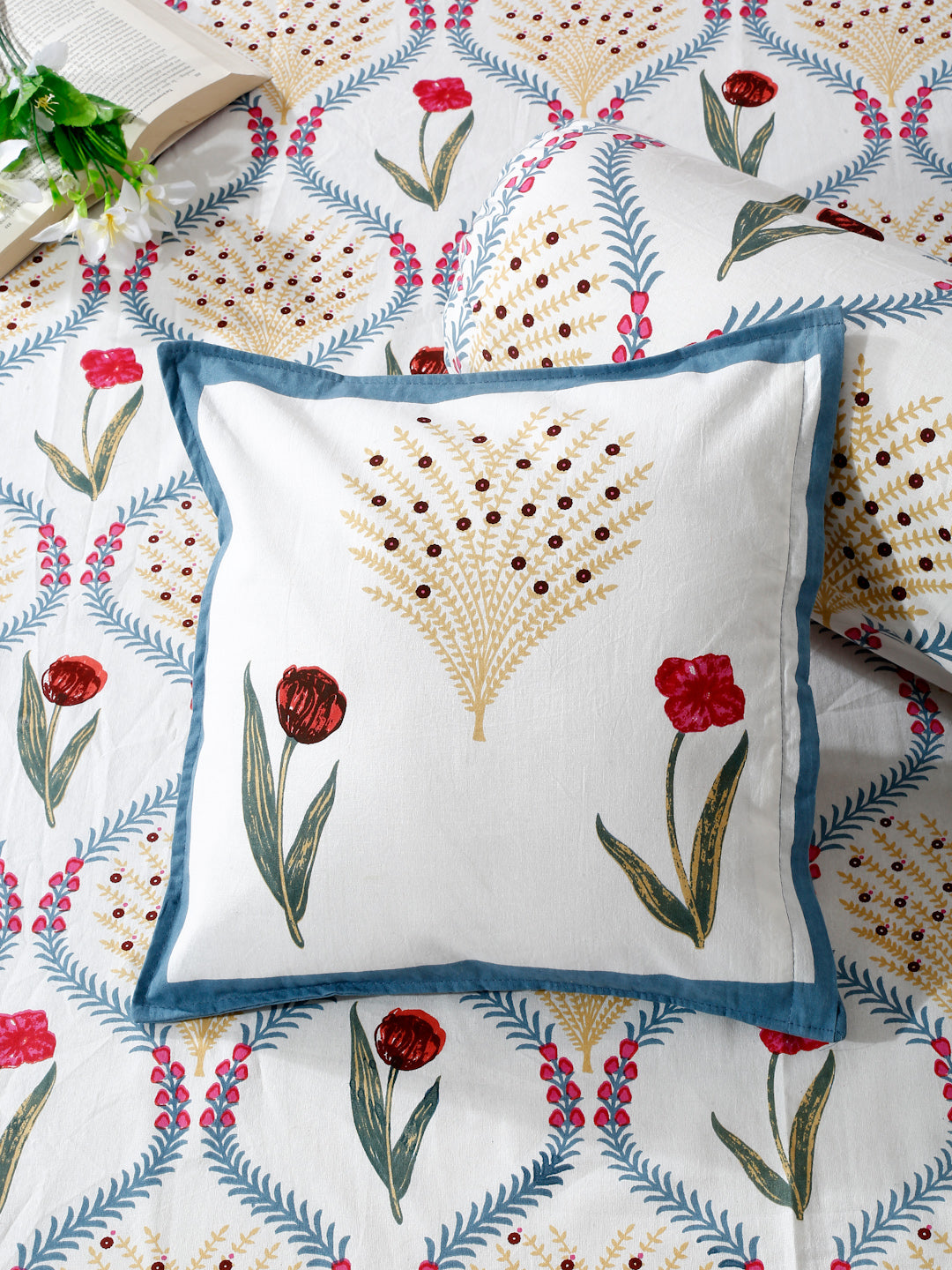 Set of 8 White and Red Floral Print Cotton Diwan Set
