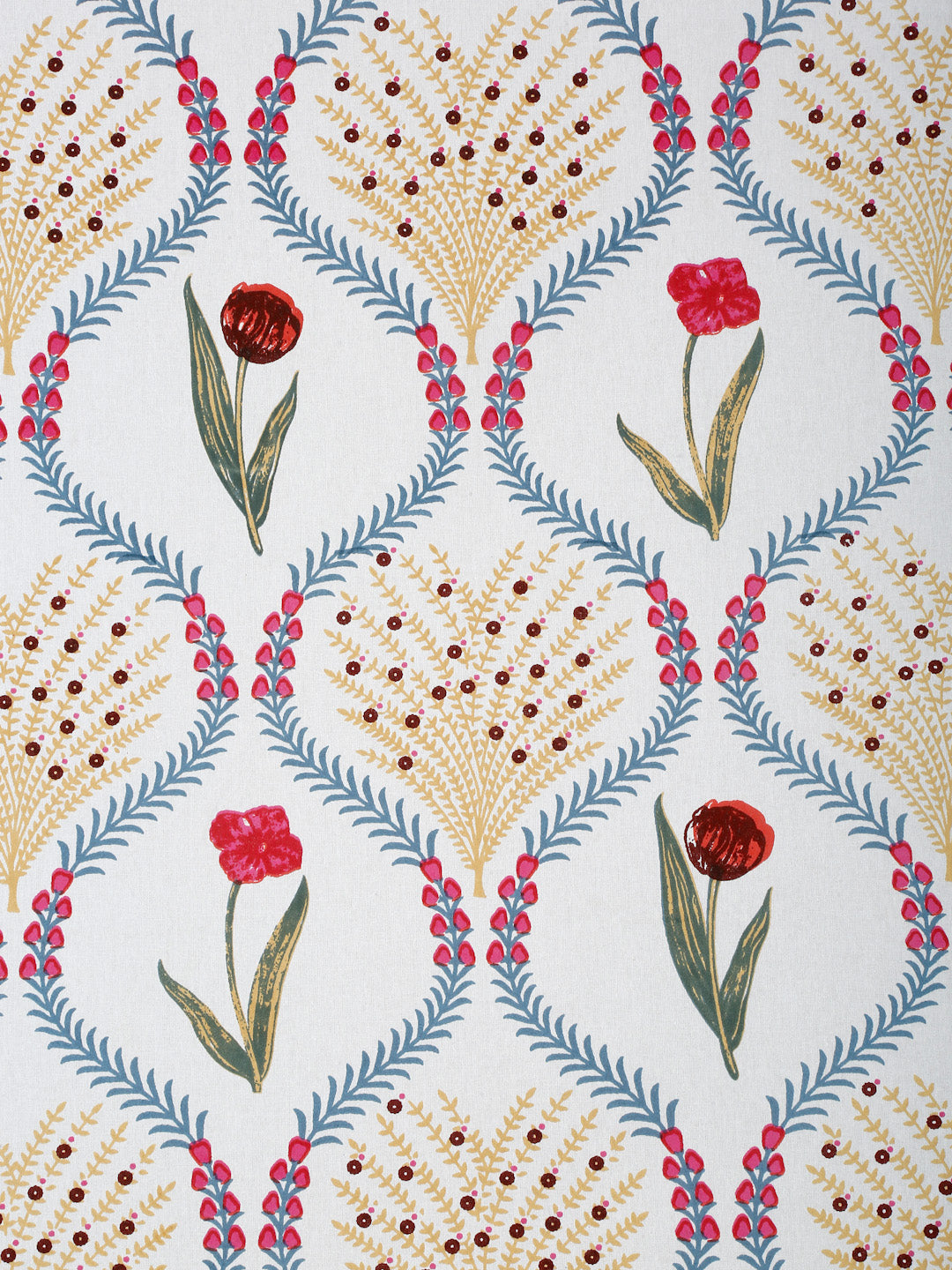 Set of 8 White and Red Floral Print Cotton Diwan Set