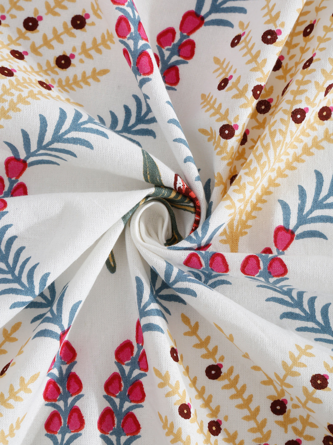 Set of 8 White and Red Floral Print Cotton Diwan Set