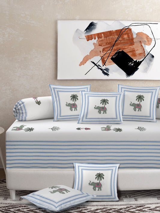 Set of 8 White Animal Print Cotton Diwan Set