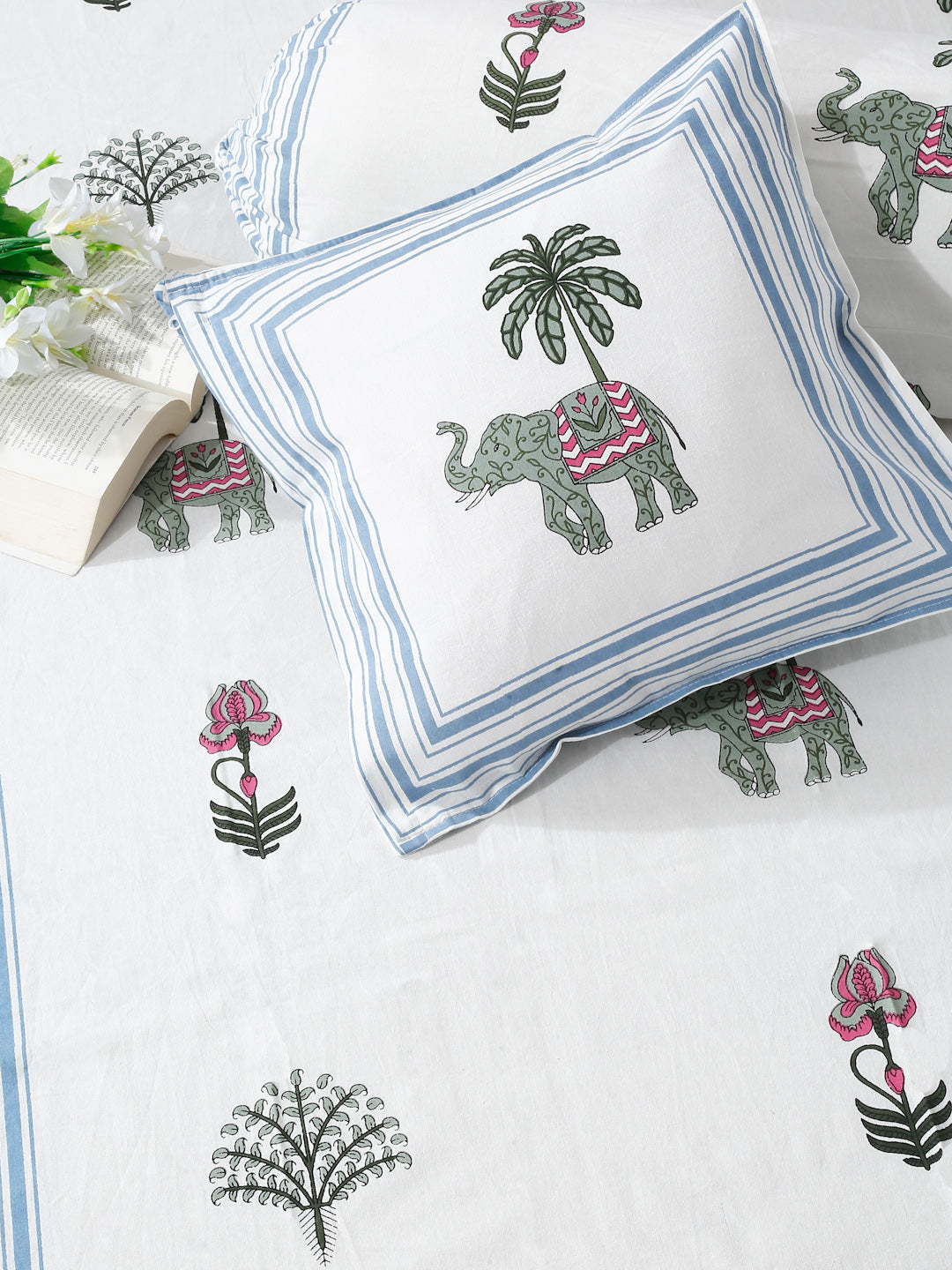 Set of 8 White Animal Print Cotton Diwan Set