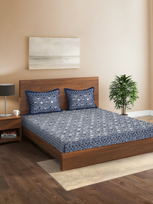 Indigo Dabu Print Cotton Double Bed Sheet with 2 Pillow Covers