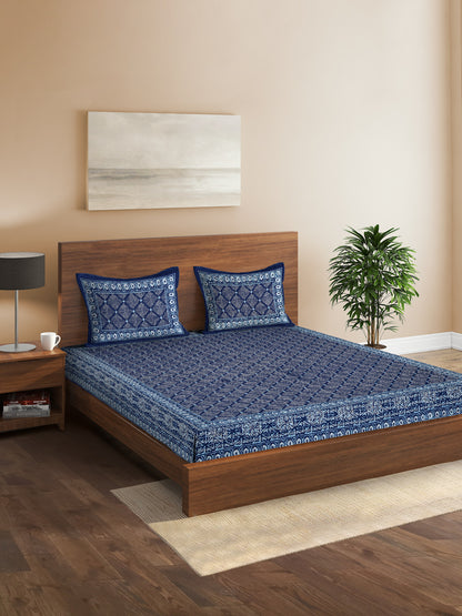 Indigo Dabu Print Cotton Double Bed Sheet with 2 Pillow Covers
