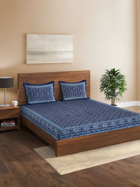 Indigo Dabu Print Cotton Double Bed Sheet with 2 Pillow Covers