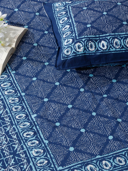 Indigo Dabu Print Cotton Double Bed Sheet with 2 Pillow Covers