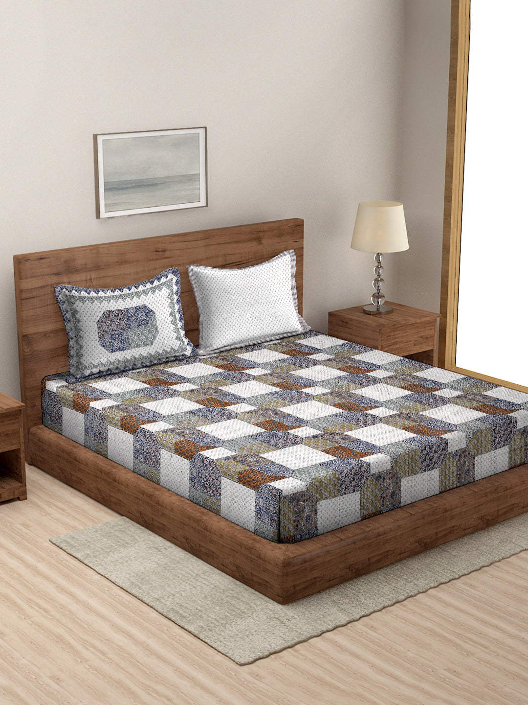 King Size Geometric Print Cotton Bed Sheet with 2 Pillow Covers