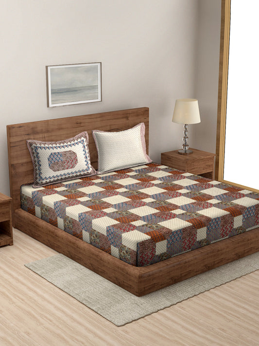 King Size Geometric Print Cotton Bed Sheet with 2 Pillow Covers