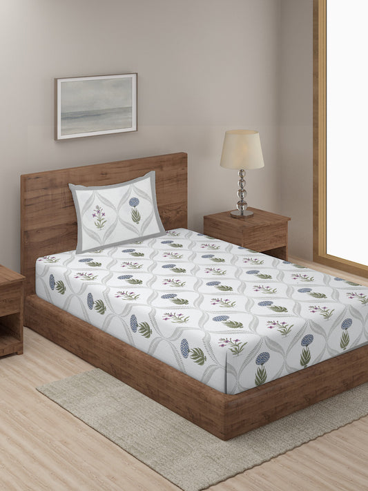 Floral Print Cotton Single Bed Sheet with 1 Pillow Covers