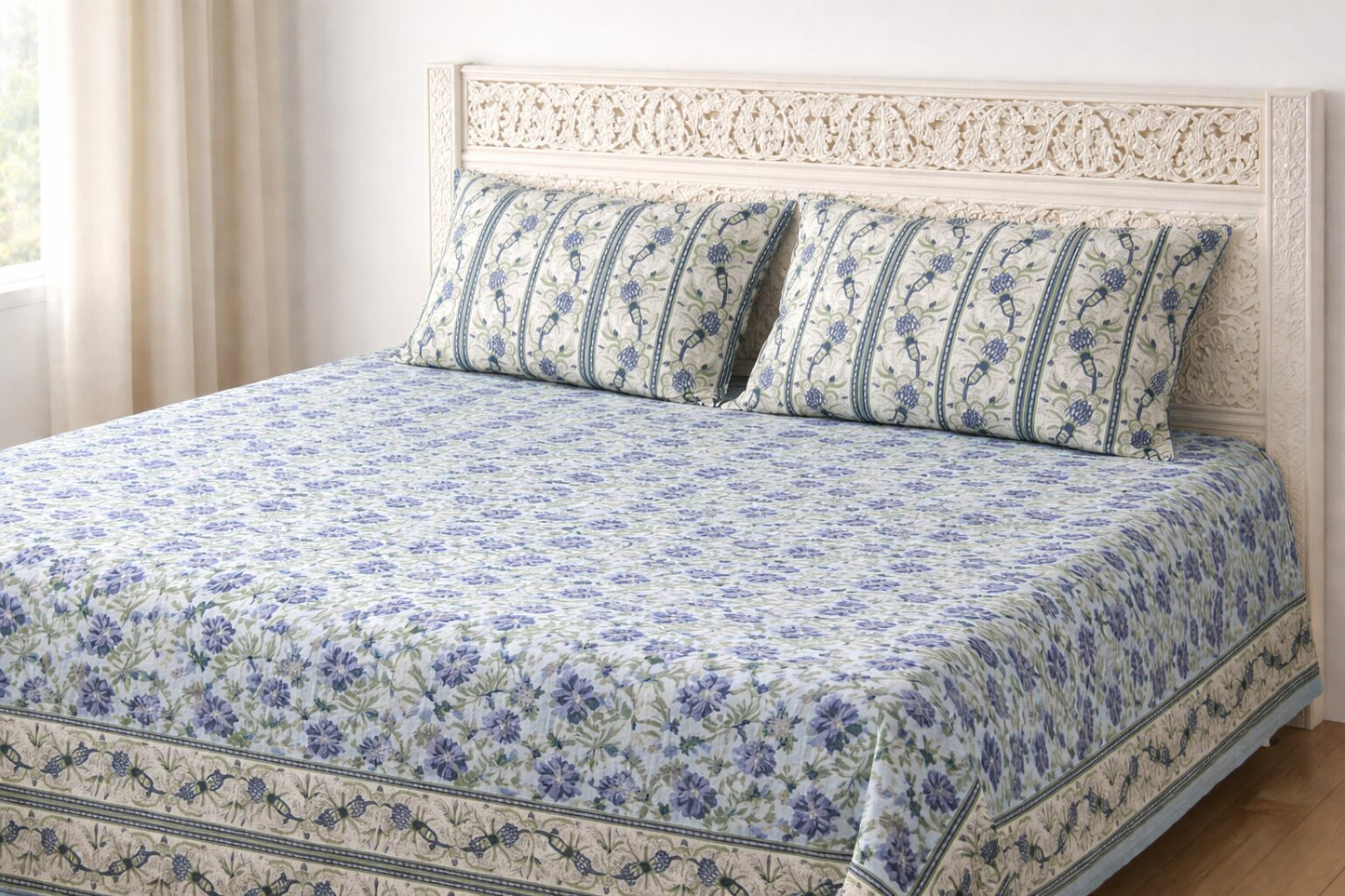 Blue Floral Cotton Bedsheet Set with Pillow Covers – King Size
