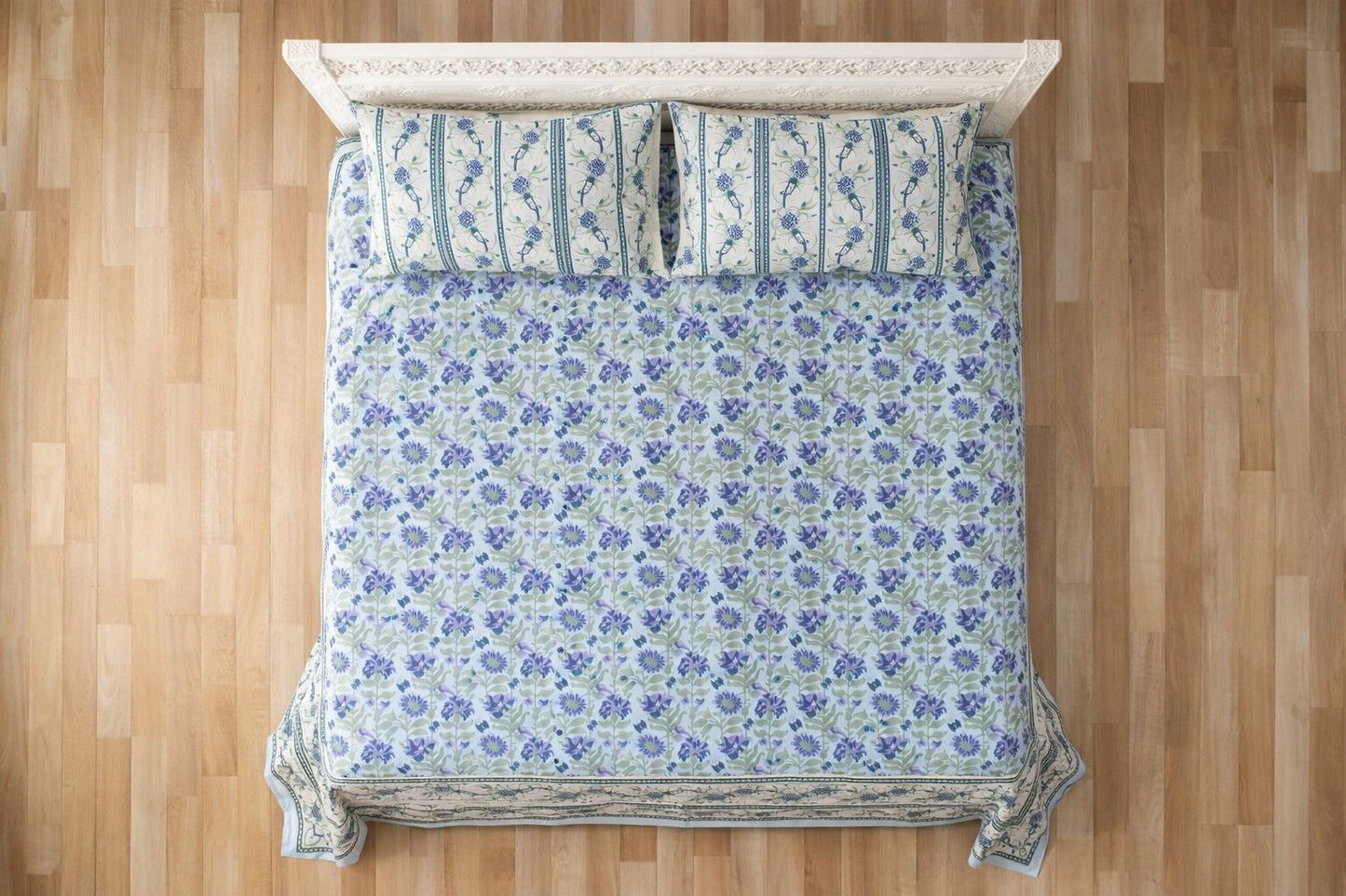 Blue Floral Cotton Bedsheet Set with Pillow Covers – King Size