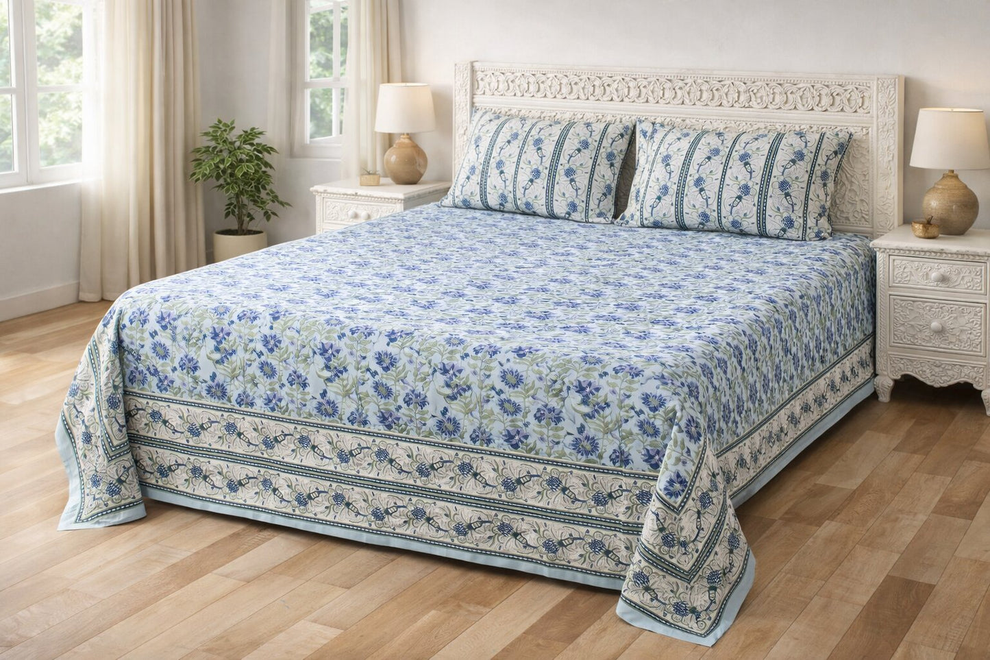 Blue Floral Cotton Bedsheet Set with Pillow Covers – King Size