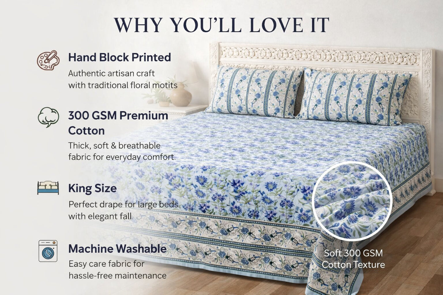 Blue Floral Cotton Bedsheet Set with Pillow Covers – King Size