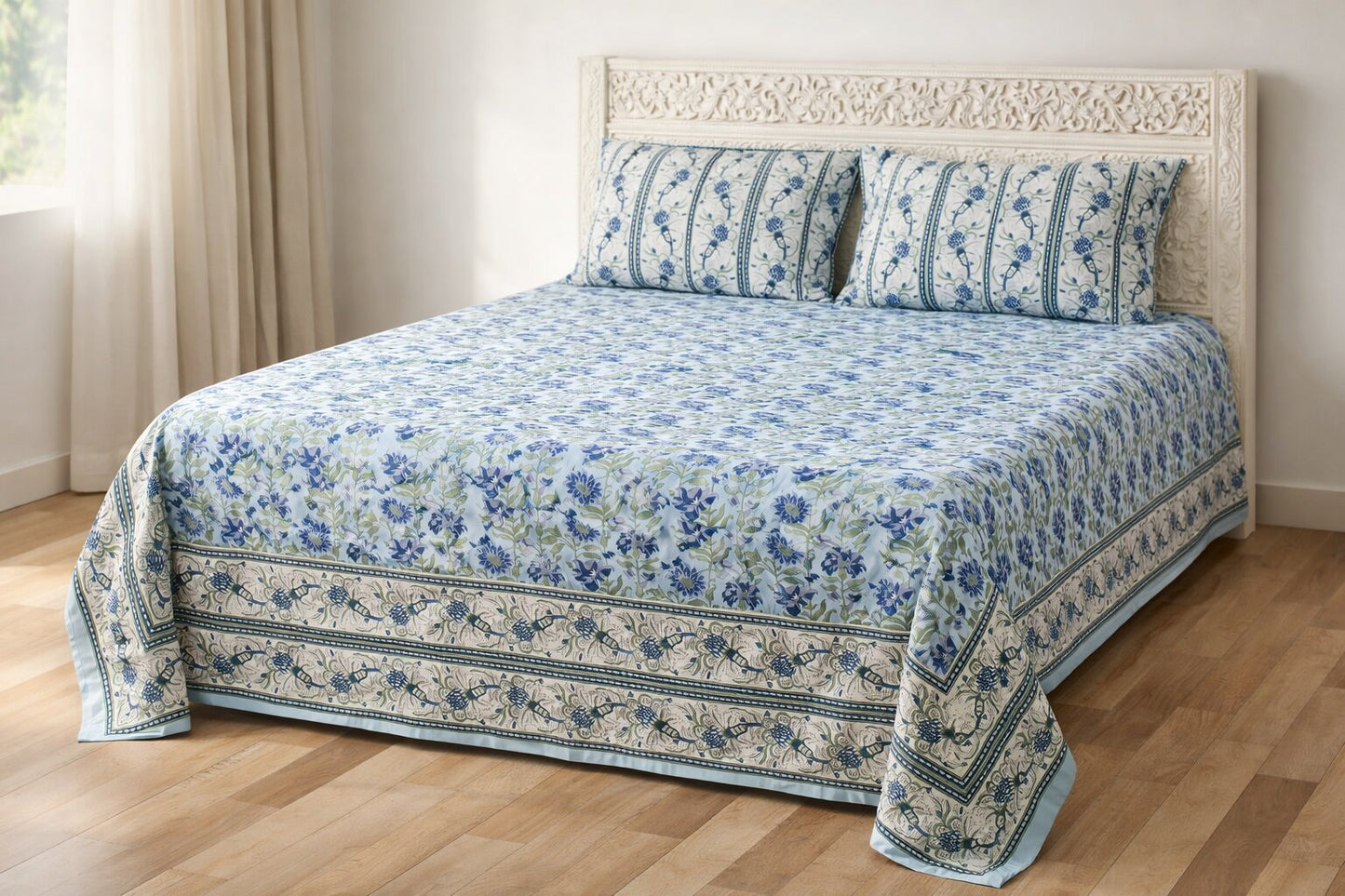 Blue Floral Cotton Bedsheet Set with Pillow Covers – King Size