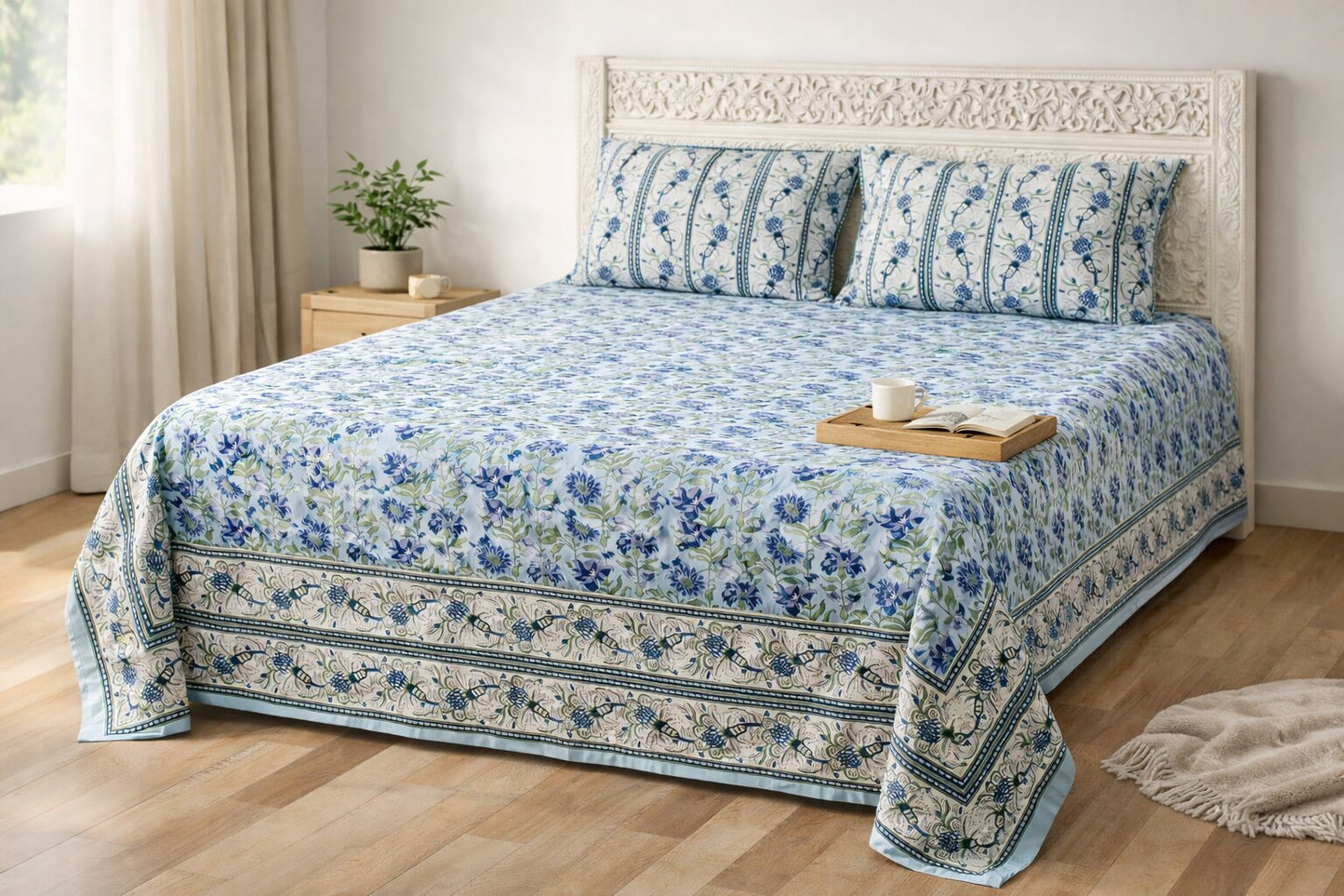 Blue Floral Cotton Bedsheet Set with Pillow Covers – King Size
