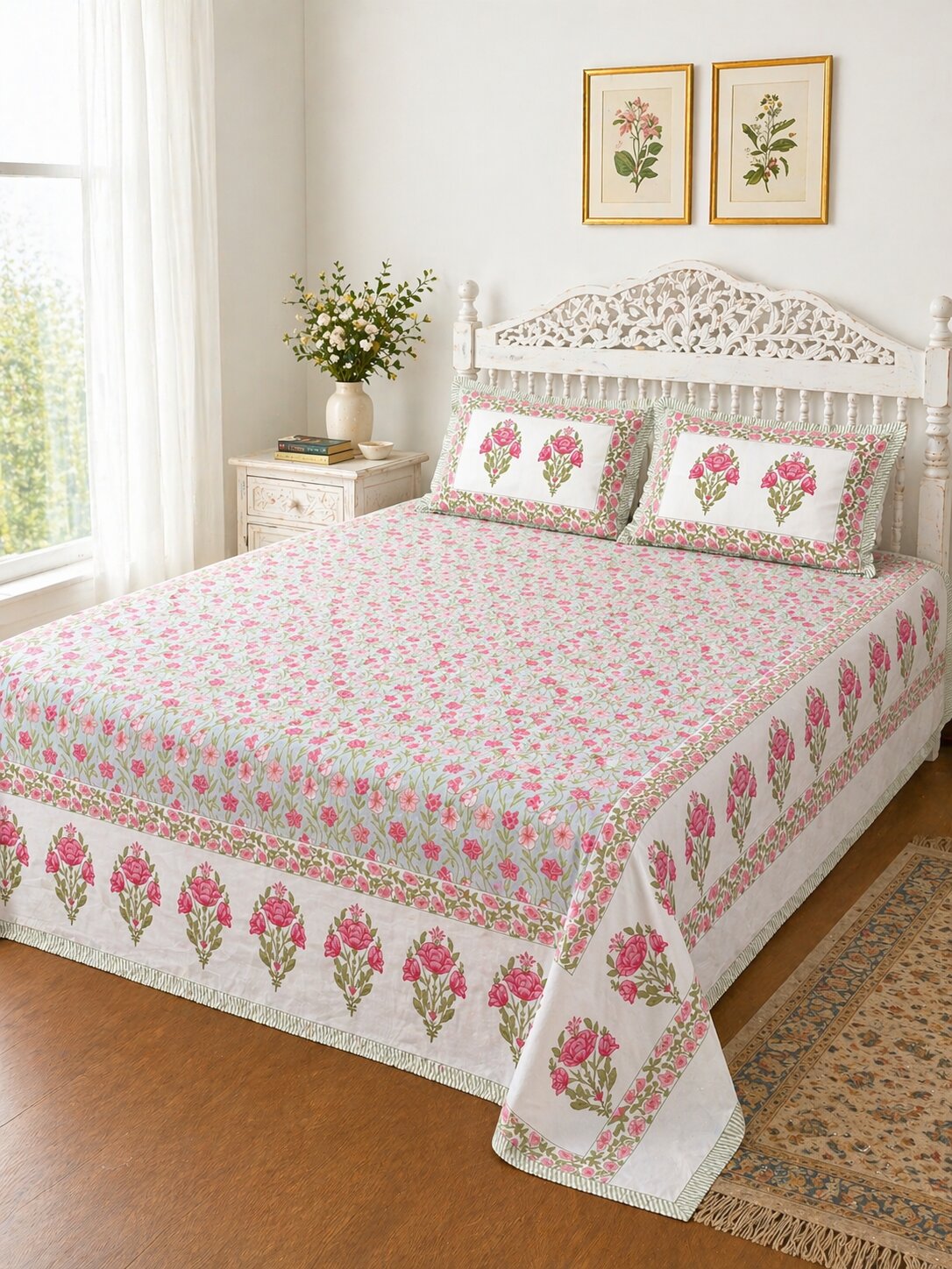 Pink Floral Cotton Bedsheet Set with Pillow Covers – King Size