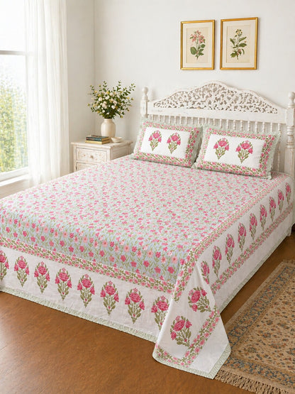 Pink Floral Cotton Bedsheet Set with Pillow Covers – King Size