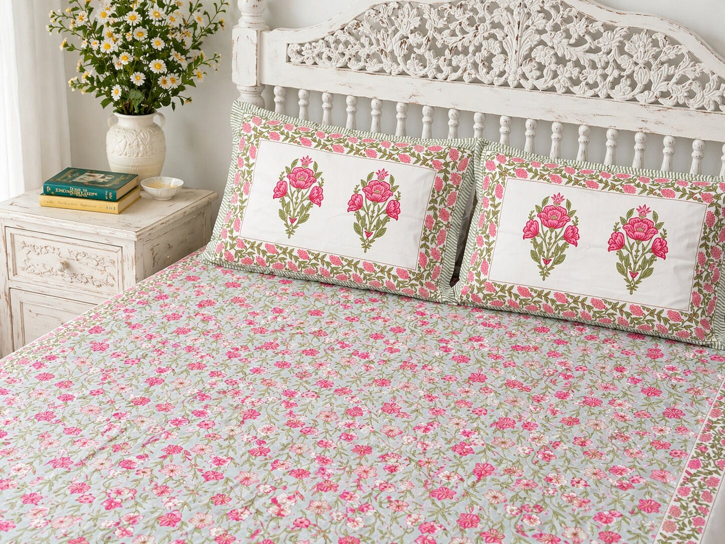 Pink Floral Cotton Bedsheet Set with Pillow Covers – King Size
