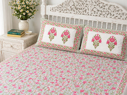 Pink Floral Cotton Bedsheet Set with Pillow Covers – King Size