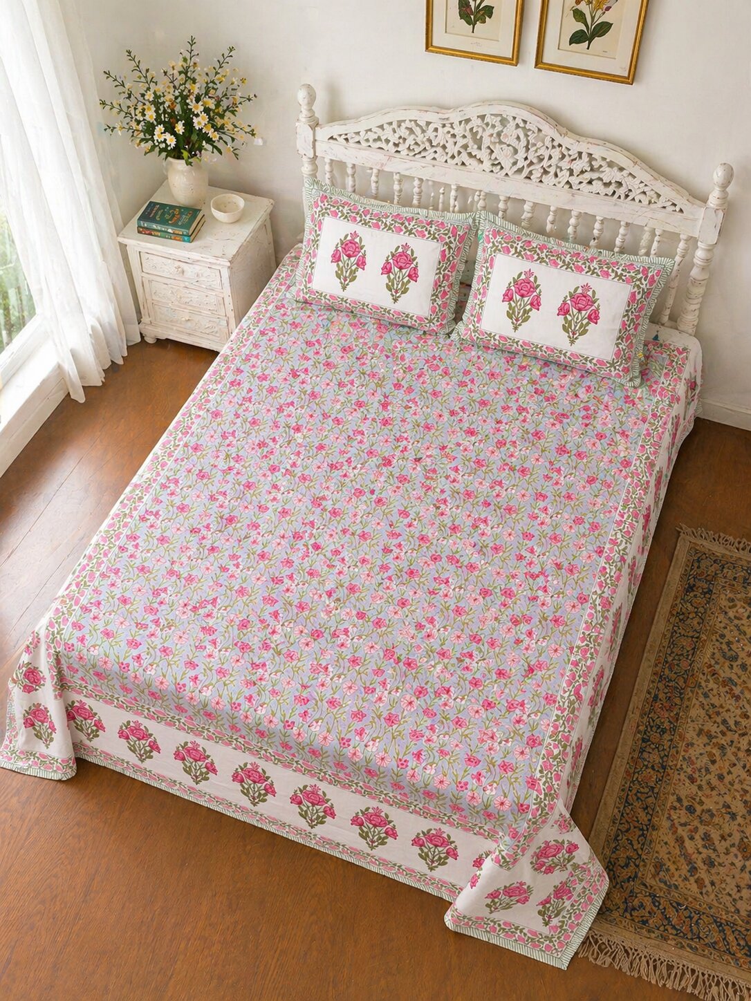 Pink Floral Cotton Bedsheet Set with Pillow Covers – King Size