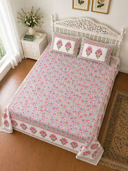 Pink Floral Cotton Bedsheet Set with Pillow Covers – King Size