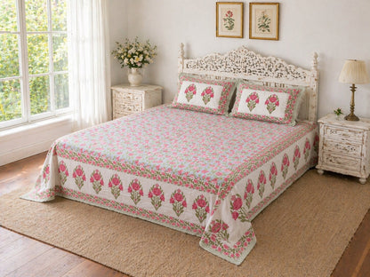 Pink Floral Cotton Bedsheet Set with Pillow Covers – King Size
