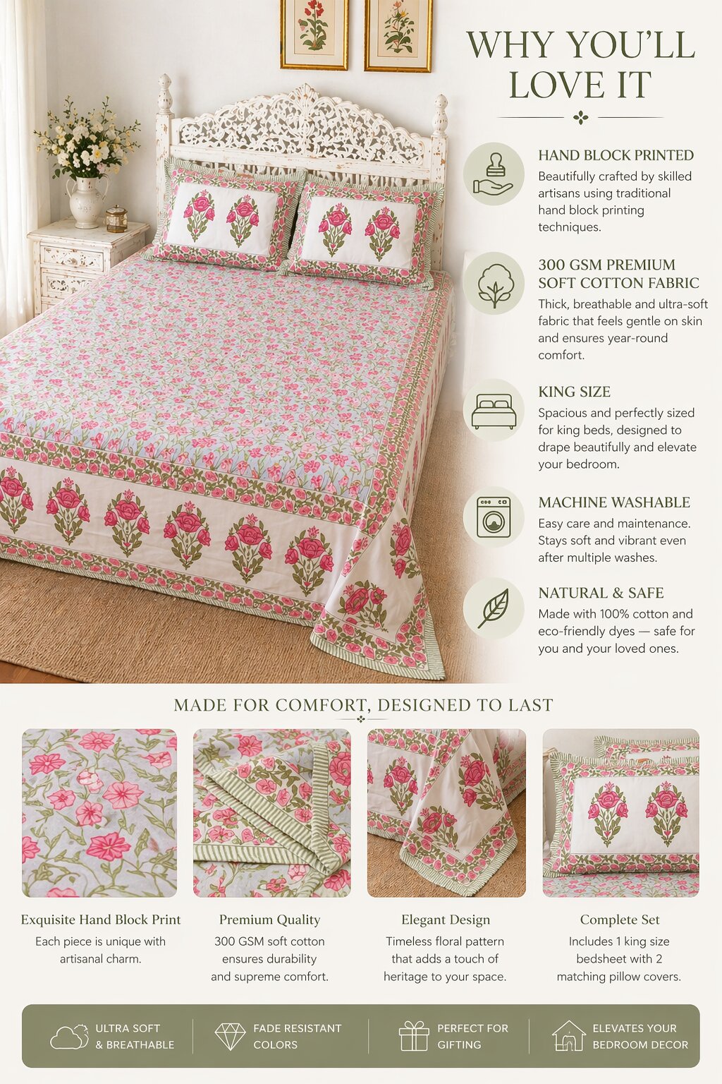 Pink Floral Cotton Bedsheet Set with Pillow Covers – King Size