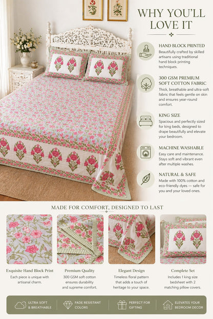 Pink Floral Cotton Bedsheet Set with Pillow Covers – King Size