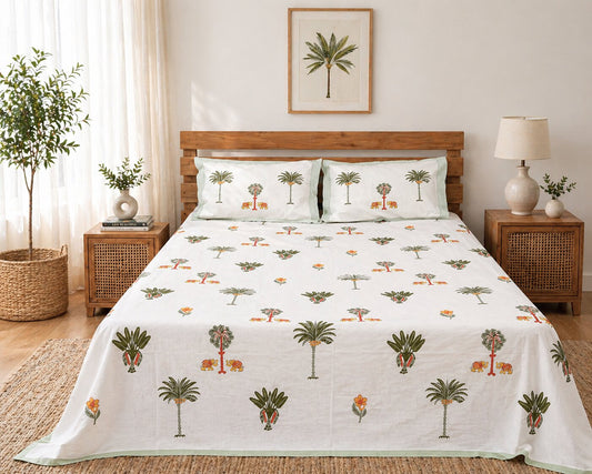 Handblock Palm Tree Cotton Bedsheet Set with Pillow Covers – White Tropical Ethnic